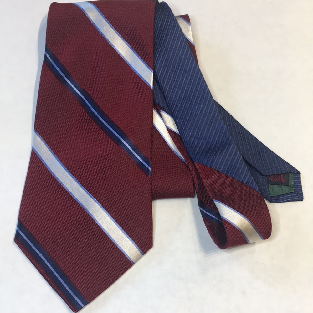 Vintage Tommy Hilfiger dark red with blue and white diagonal striped tie.